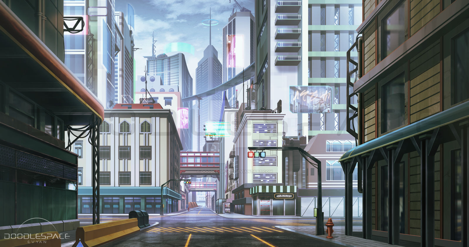 Cyberpunk streets illustration, futuristic city, dystoptic artwork
