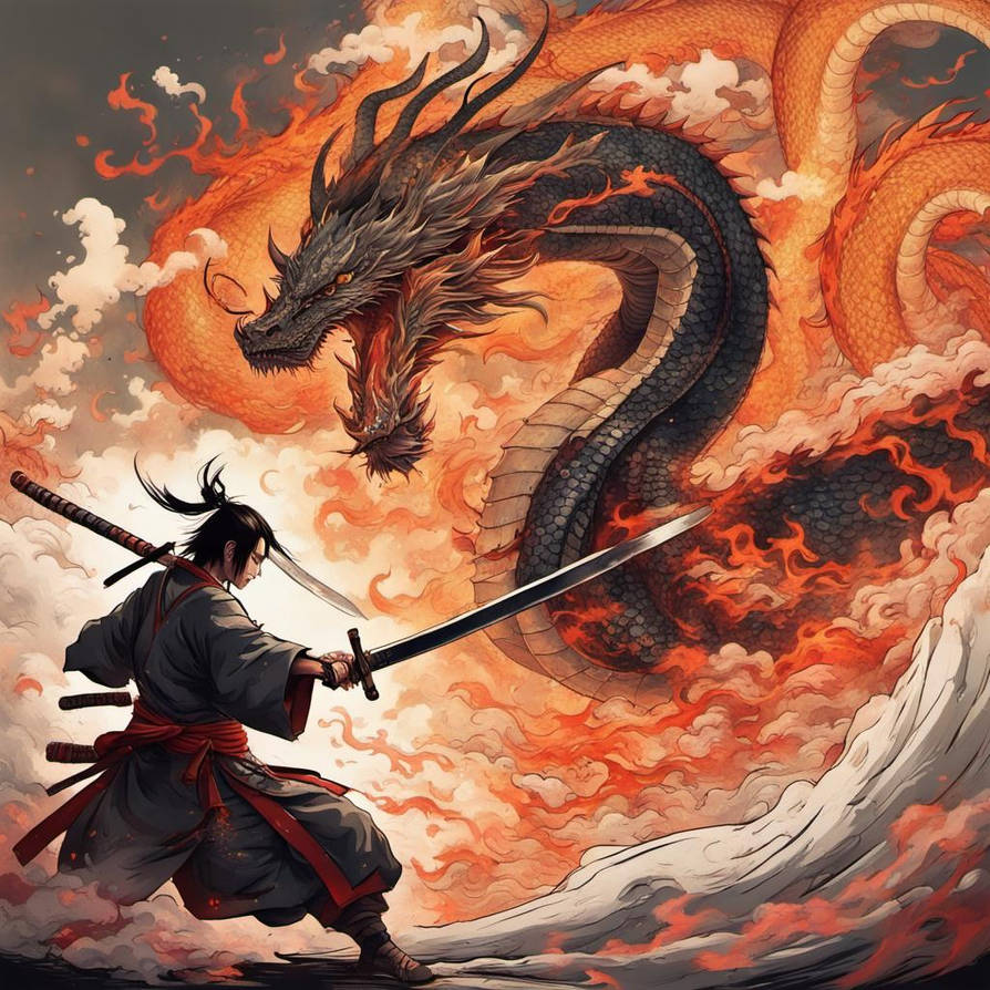 A stunning duel between samurai and dragon, a litt by ftw1nd on DeviantArt