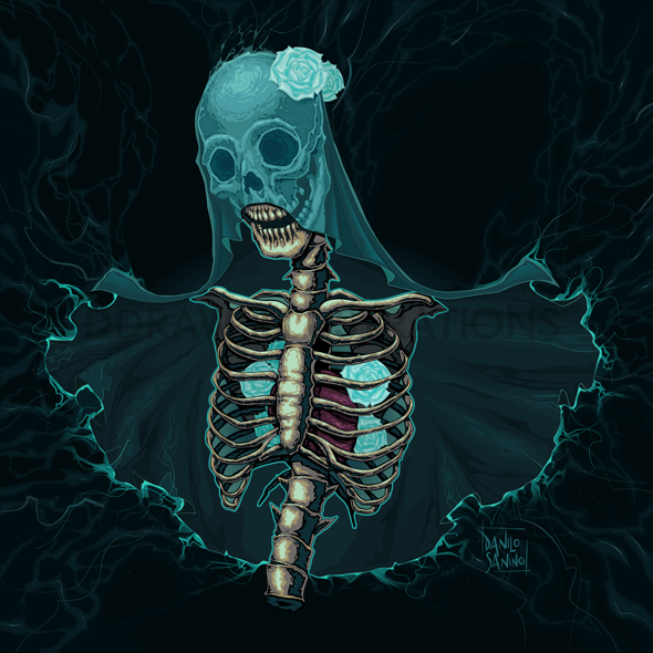 - Skeleton with veil and white roses -