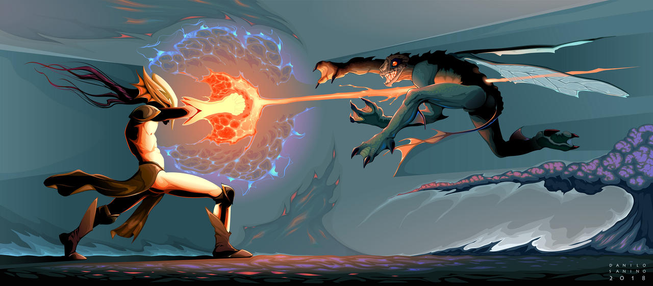 Battle between magician elf and reptilian monster by neptune82 Battle between magician elf and reptilian monster by neptune82
