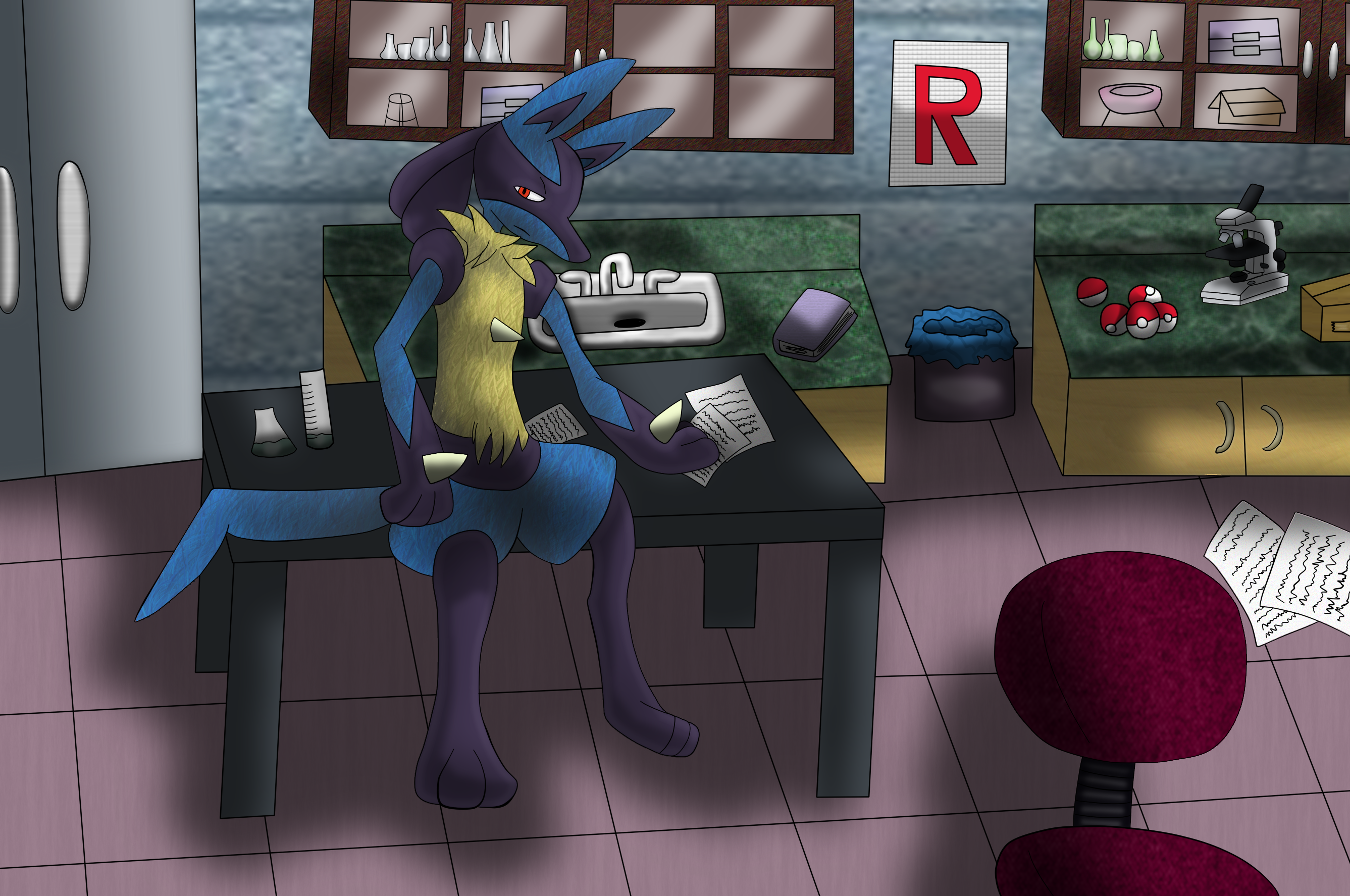 Commission 1/6: Lucario in a lab.