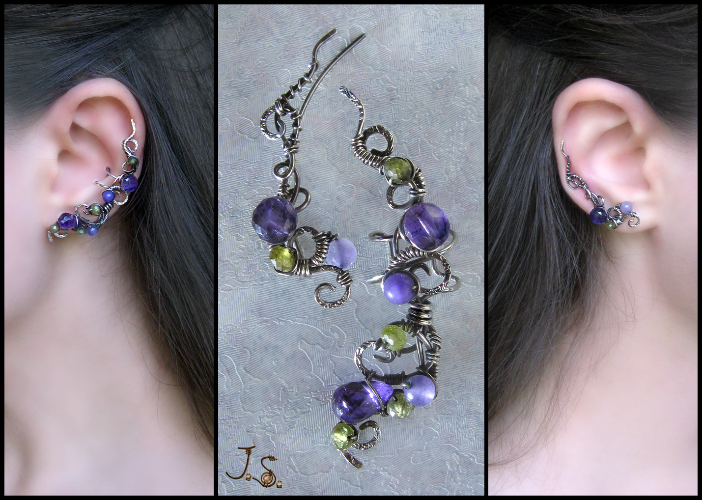 Violets near stream silver ear cuff and ear pin