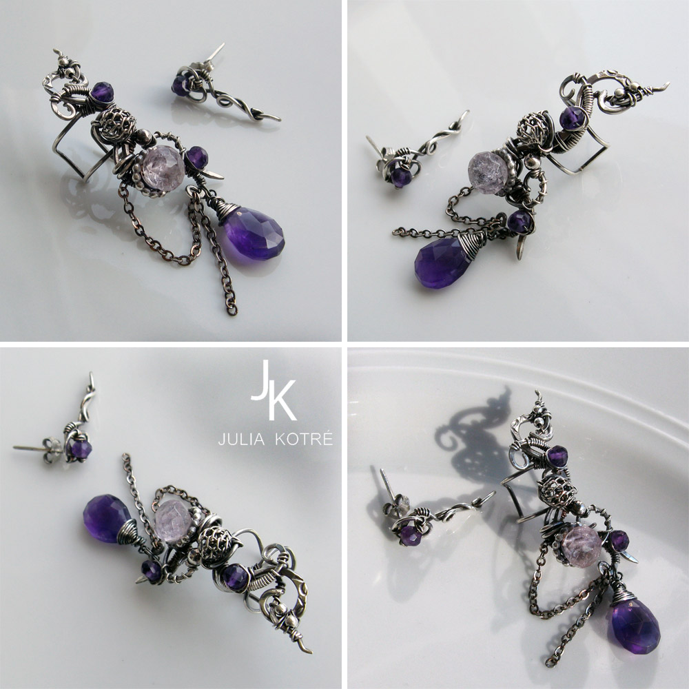 Sterling silver Amethyst ear cuff and stud