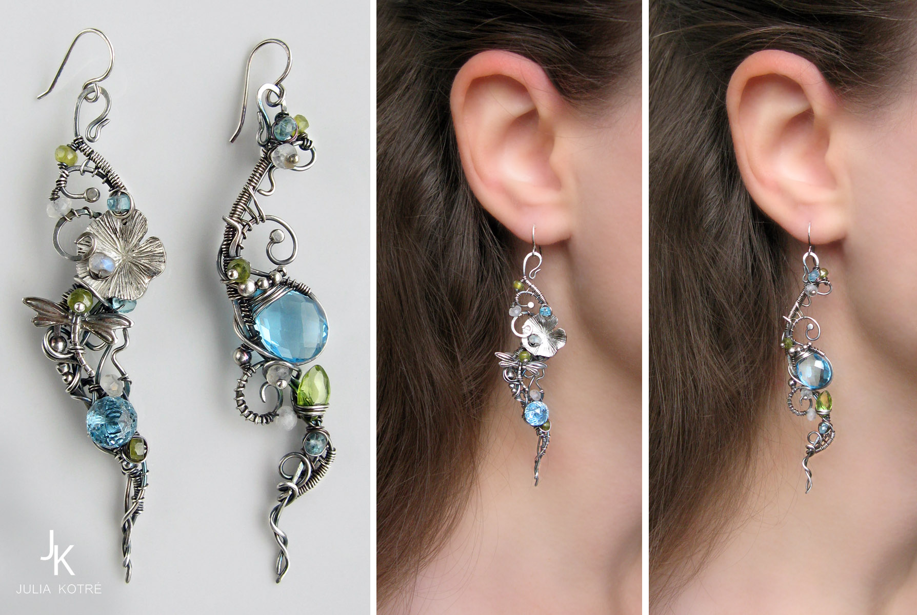 Long dissymetric silver earrings Enchanted pond