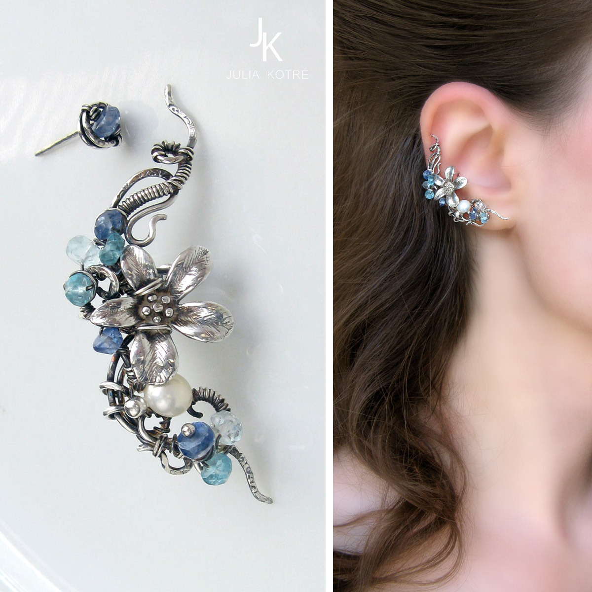 Silver ear cuff and stud Caribbean flower