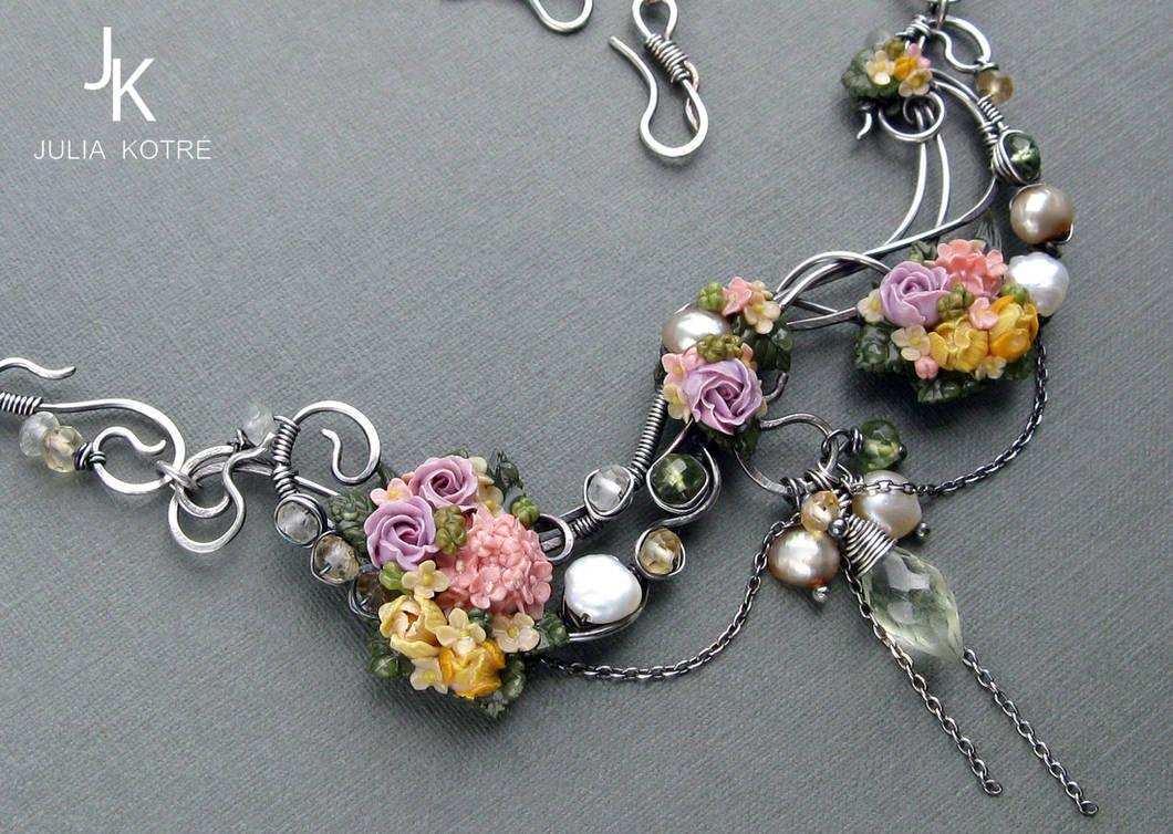 Floral necklace fimo miniature flowers silver by JuliaKotreJewelry