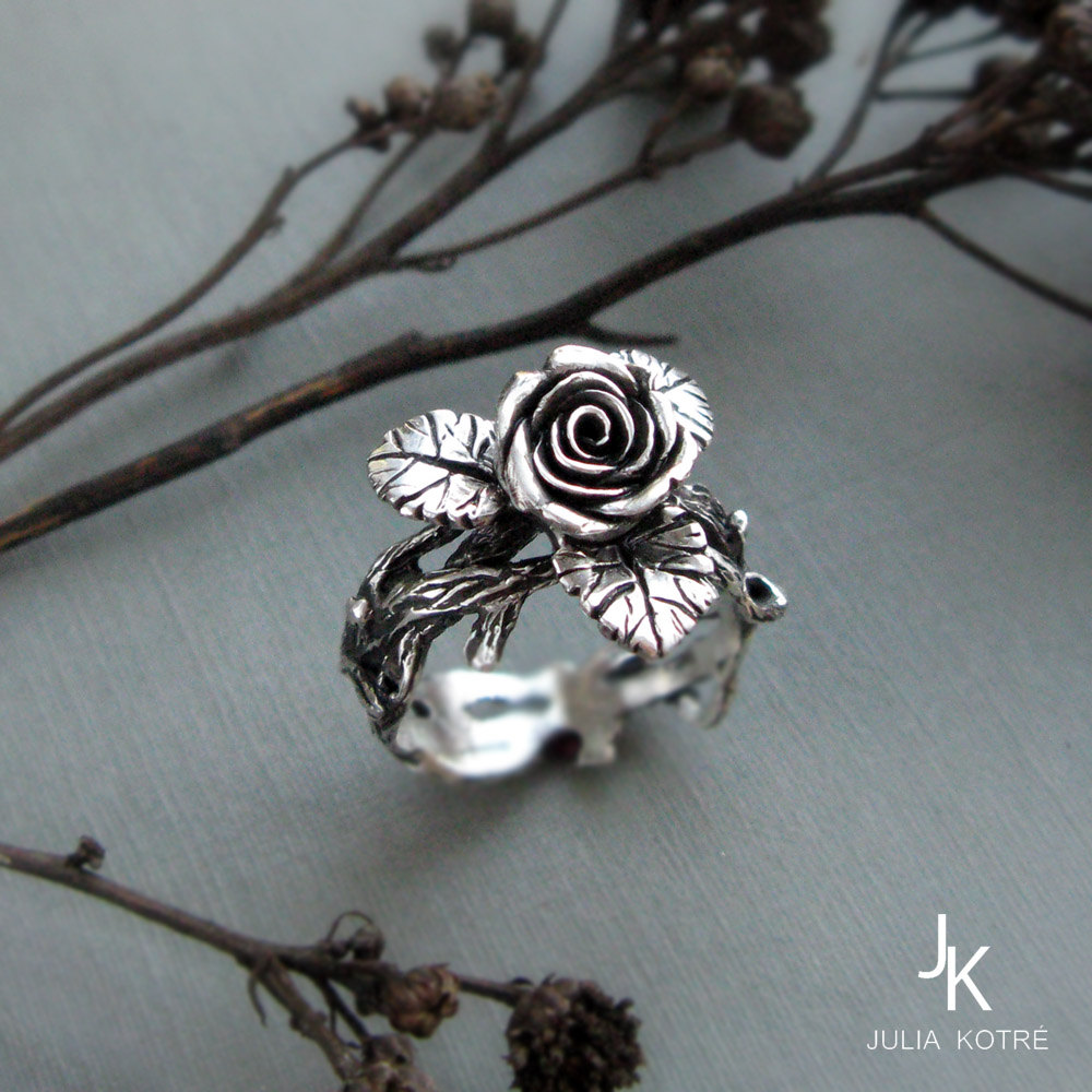 Cast silver twig rose ring