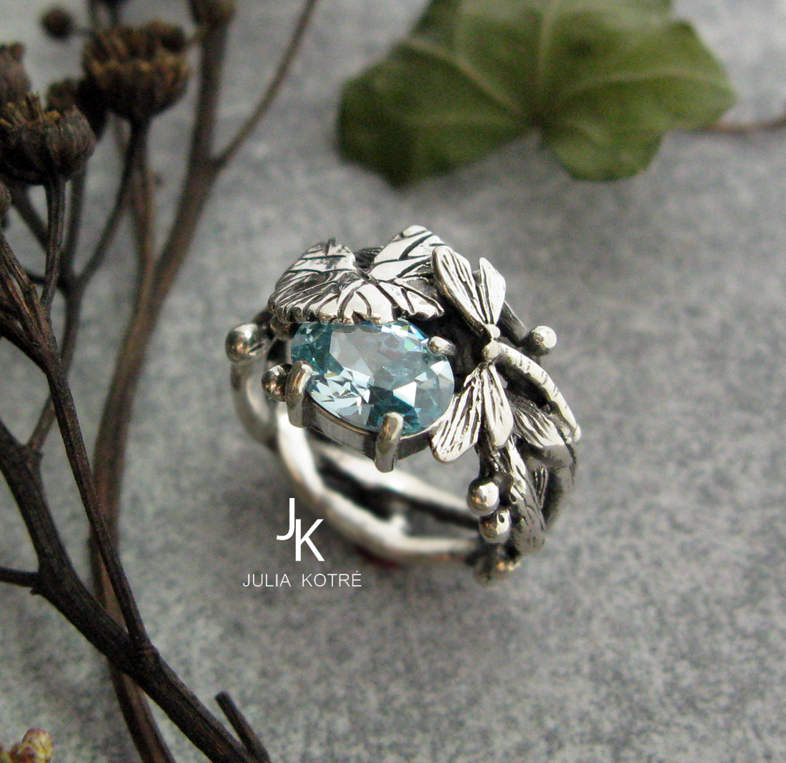 Dragonfly lily pad silver cast ring