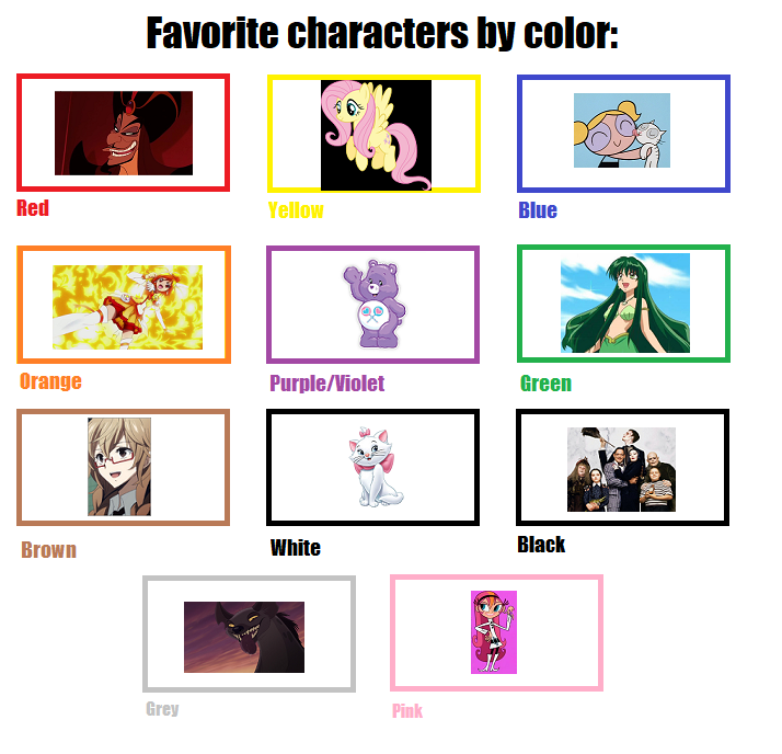 My Favorite Characters by Color by AriaVampireRose7 on DeviantArt