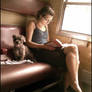 Beauty Girl With Dog On Train