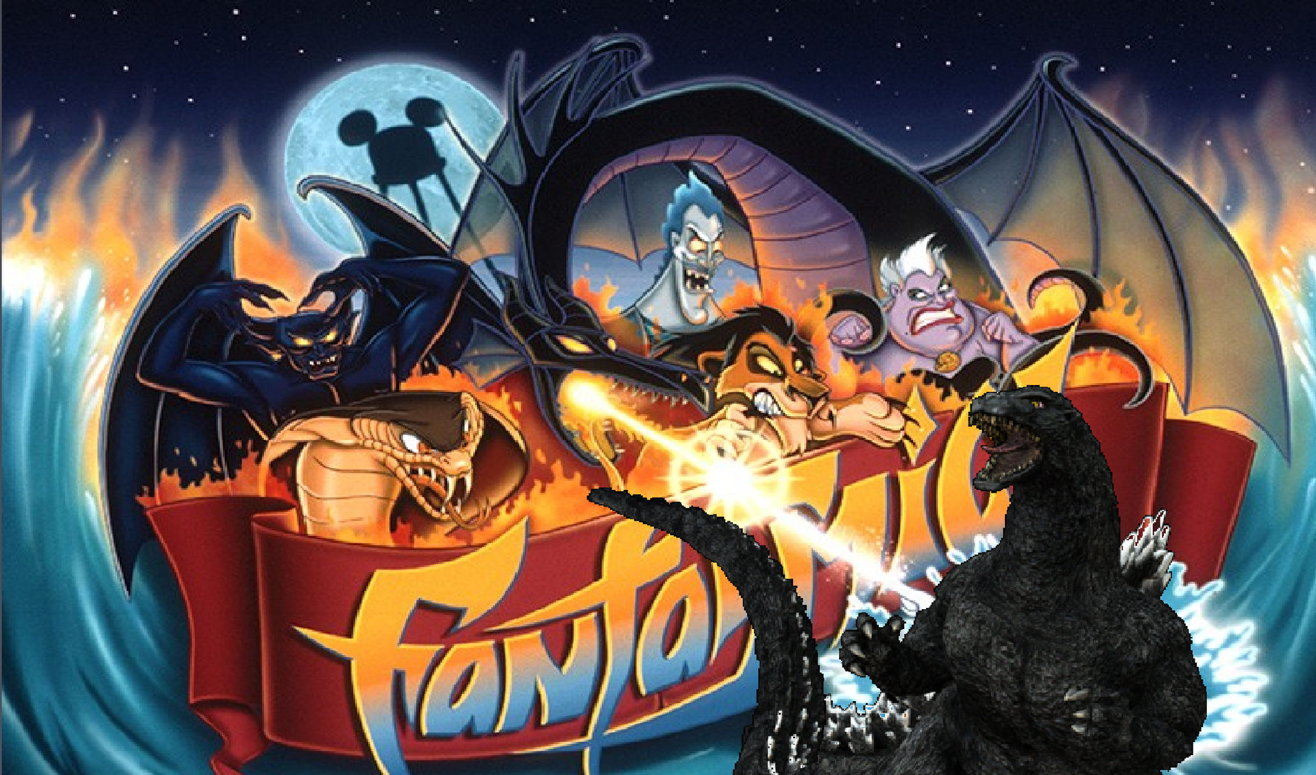 Godzilla Disry Godzilla vs Disney Villains Fantasmic by MnstrFrc on DeviantArt