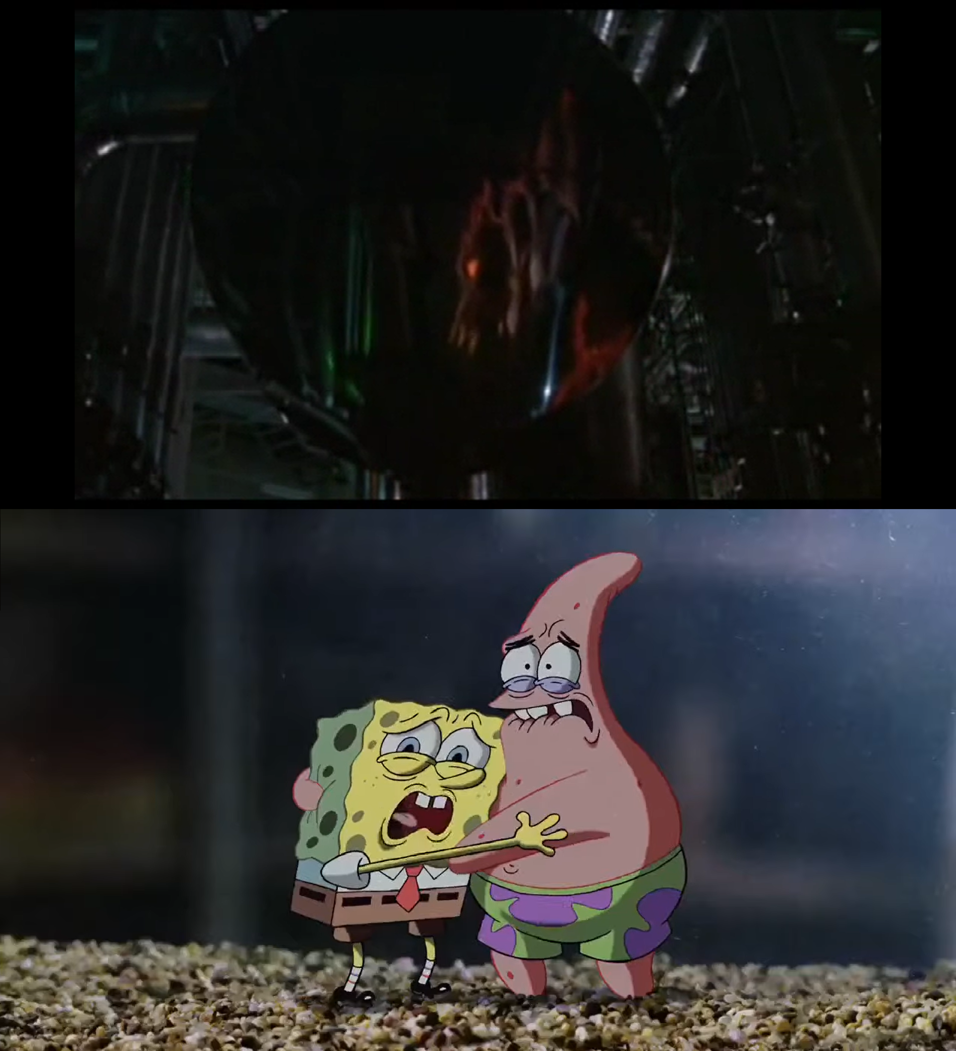 Patrick. See Spongebob and Patrick see the creature by MnstrFrc on DeviantArt