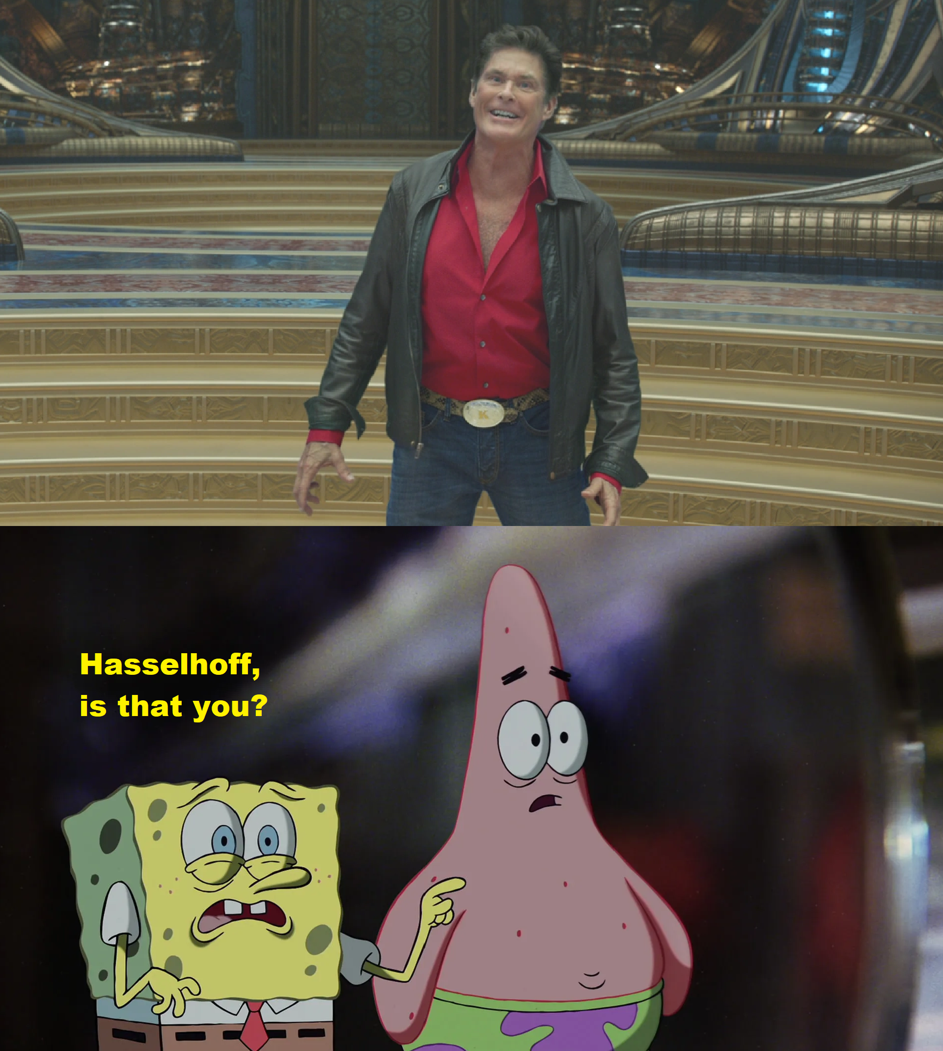 Patrick. See Spongebob and Patrick see David Hasselhoff? by MnstrFrc on DeviantArt