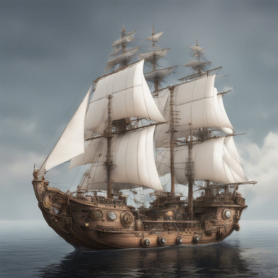 A steampunk white sailed ship