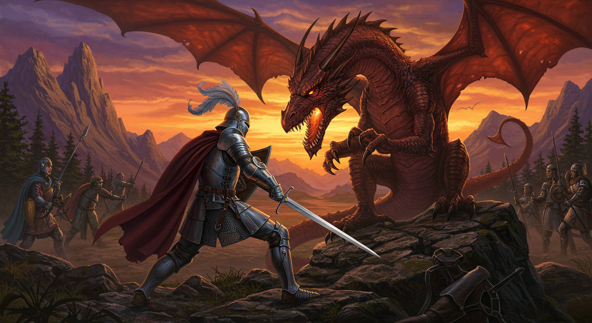 Knight Riding A Red Dragon Retro knight leads an ambush against red dragon by ThomasBarclay on ...