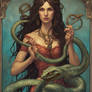 a Tarot Card of a Woman holding a serpent represen