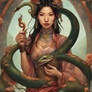 A tarot card of an Asian woman holding a serpent