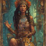A tarot card with an Aztec Priestess petting a Jag