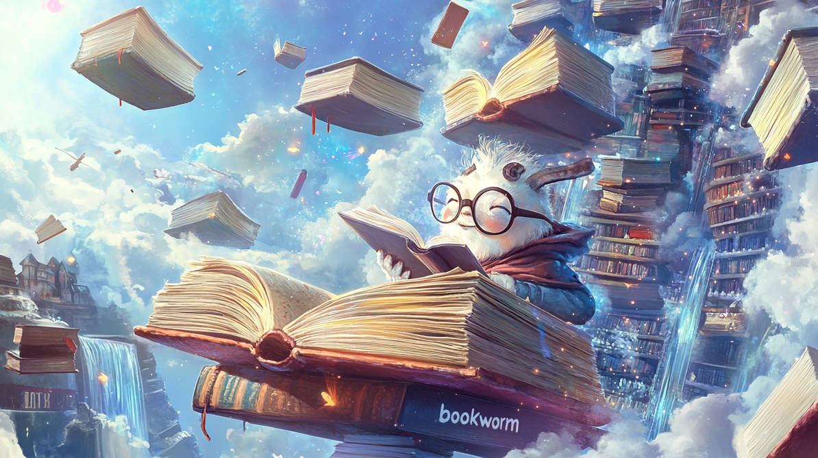 Whimsical Bookworm in a Floating Library Realm by InkImagine on DeviantArt