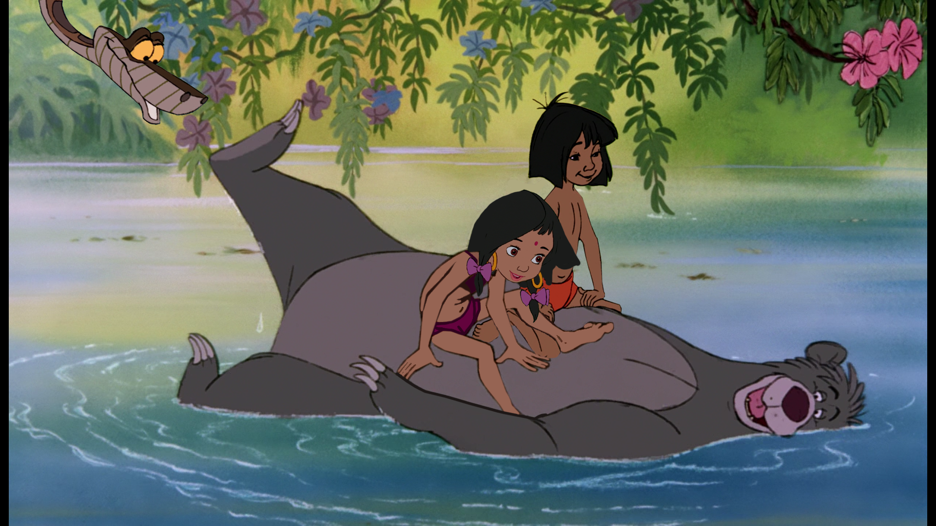 Mowgli and Shanti riding on Baloo's belly by Swedishhero94.