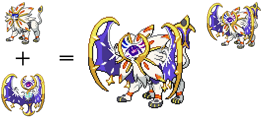 Lunaleo, fusion of Solgaleo and Lunala ☀️🌙 (Swipe to see the alternate  color). How I'd imagined if Lunala as part Ghost type, possessed…