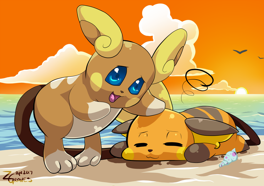 Alola Raichu tries to teach Raichu how to surf