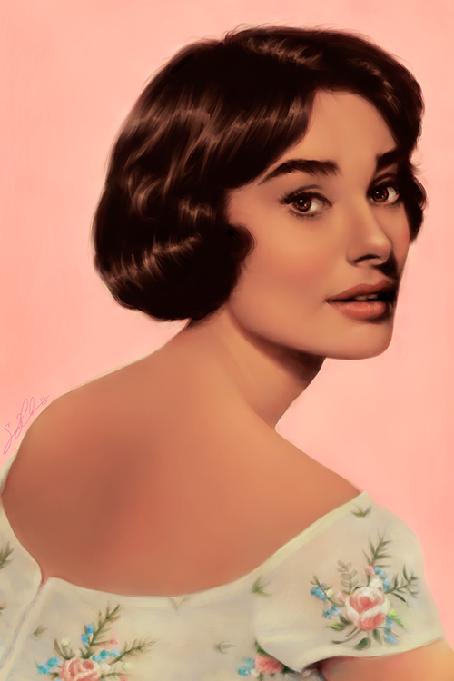 Painting of Audrey Hepburn in Pink Flower Dress