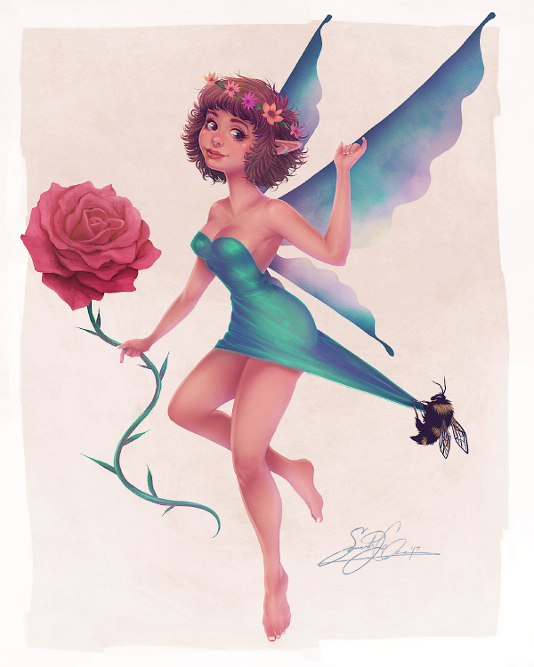 Pin-Up Fairy Stealing a Rose