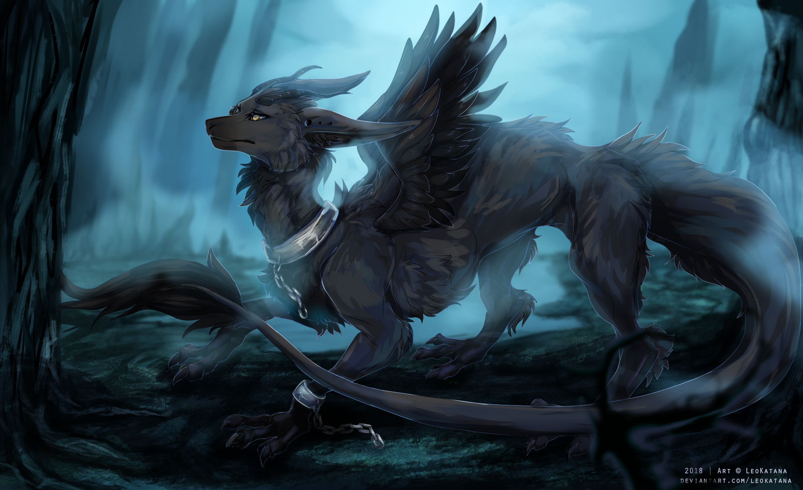 blue digital dragon drawing fantasy forest painting reptiles winged wolf illustration