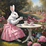A white rabbit with a ribbon wearing a pink skirt 