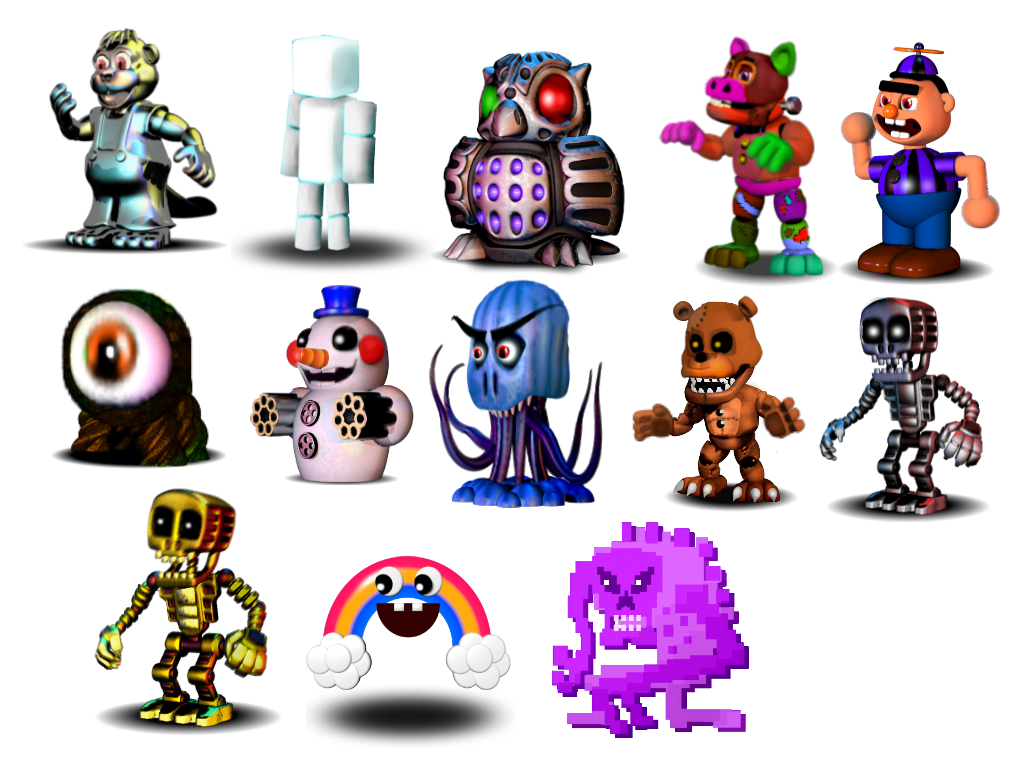 Fnaf world все персонажи. ФНАФ ворлд. FNAF World персонажи. ФНАФ ворлд персонажи боссы. FNAF World АНИМАТРОНИКИ.