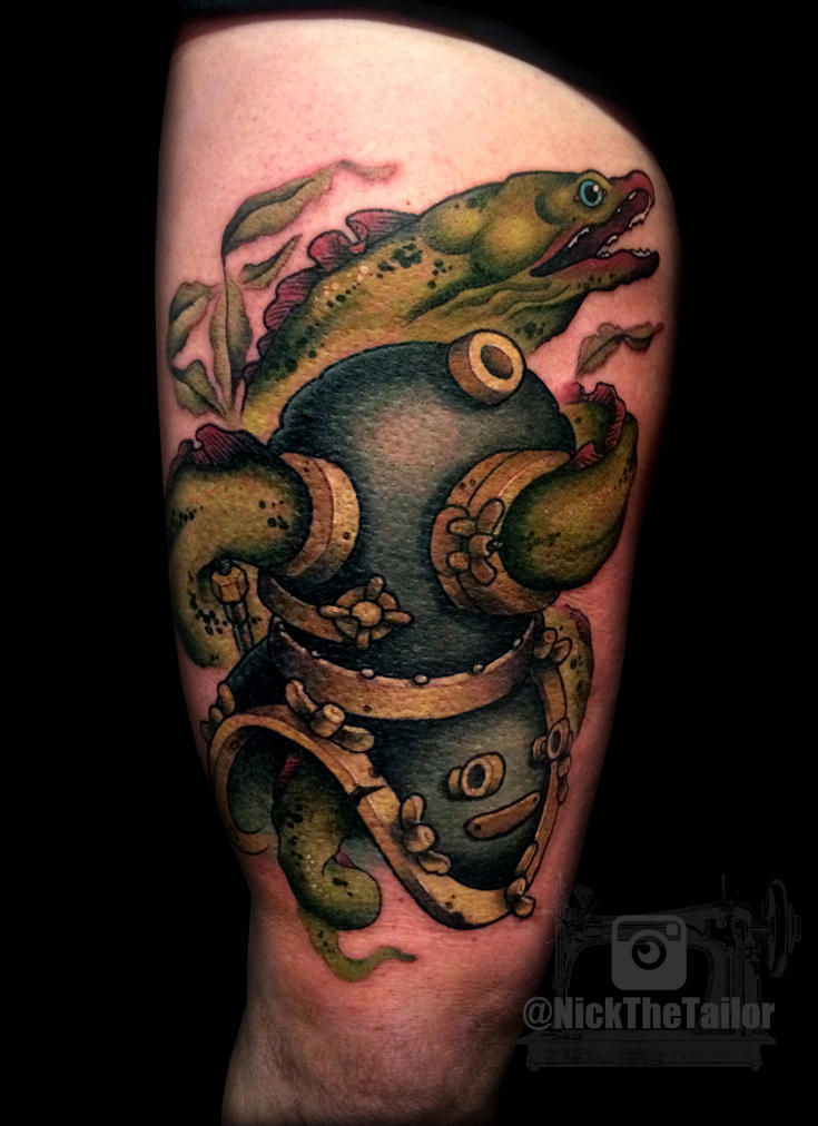 Illustrative Eel and Helmet Leg Tattoo, Full Color by NickTheTailorTattoo  on DeviantArt
