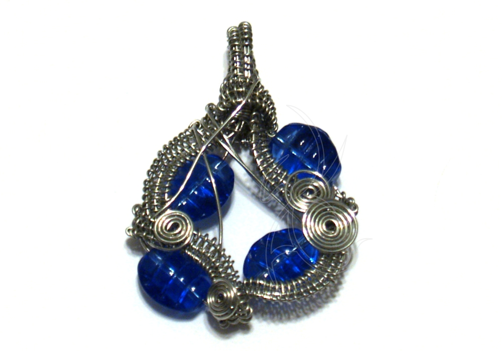 Silver Wire Wrapped Pendant with Blue Beads