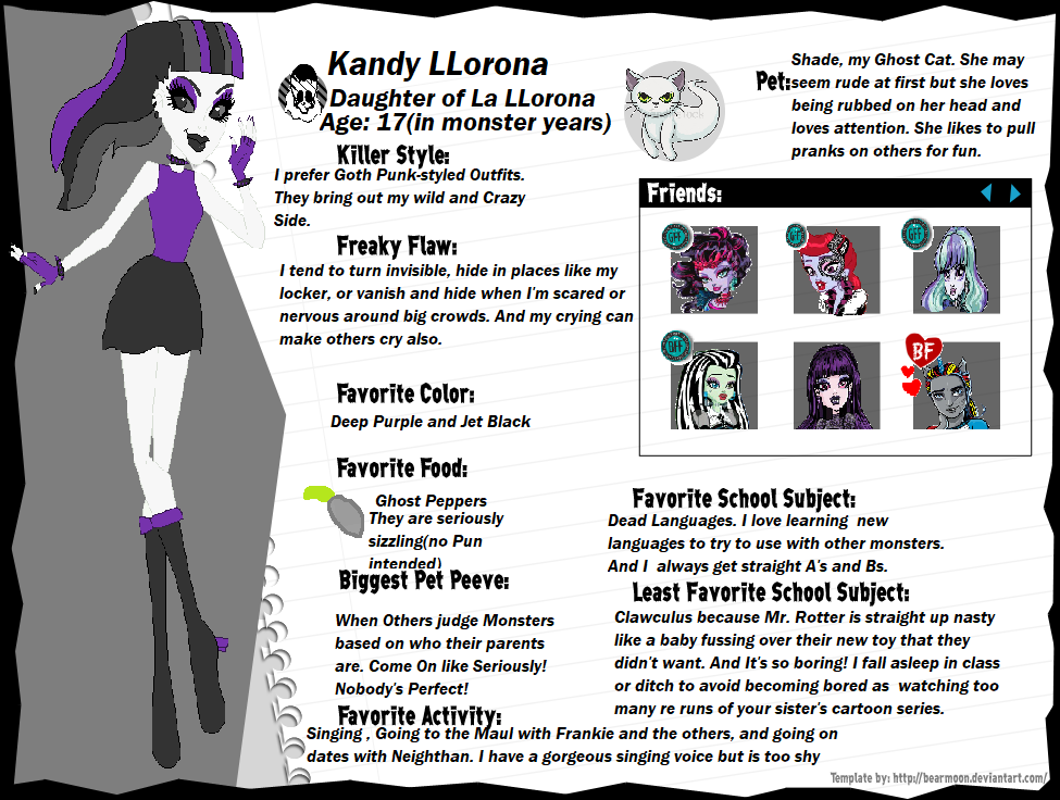 Monster High Bio Examples Kandy LLorona(Monster High OC Bio Sheet) by DiamondQuartz on DeviantArt