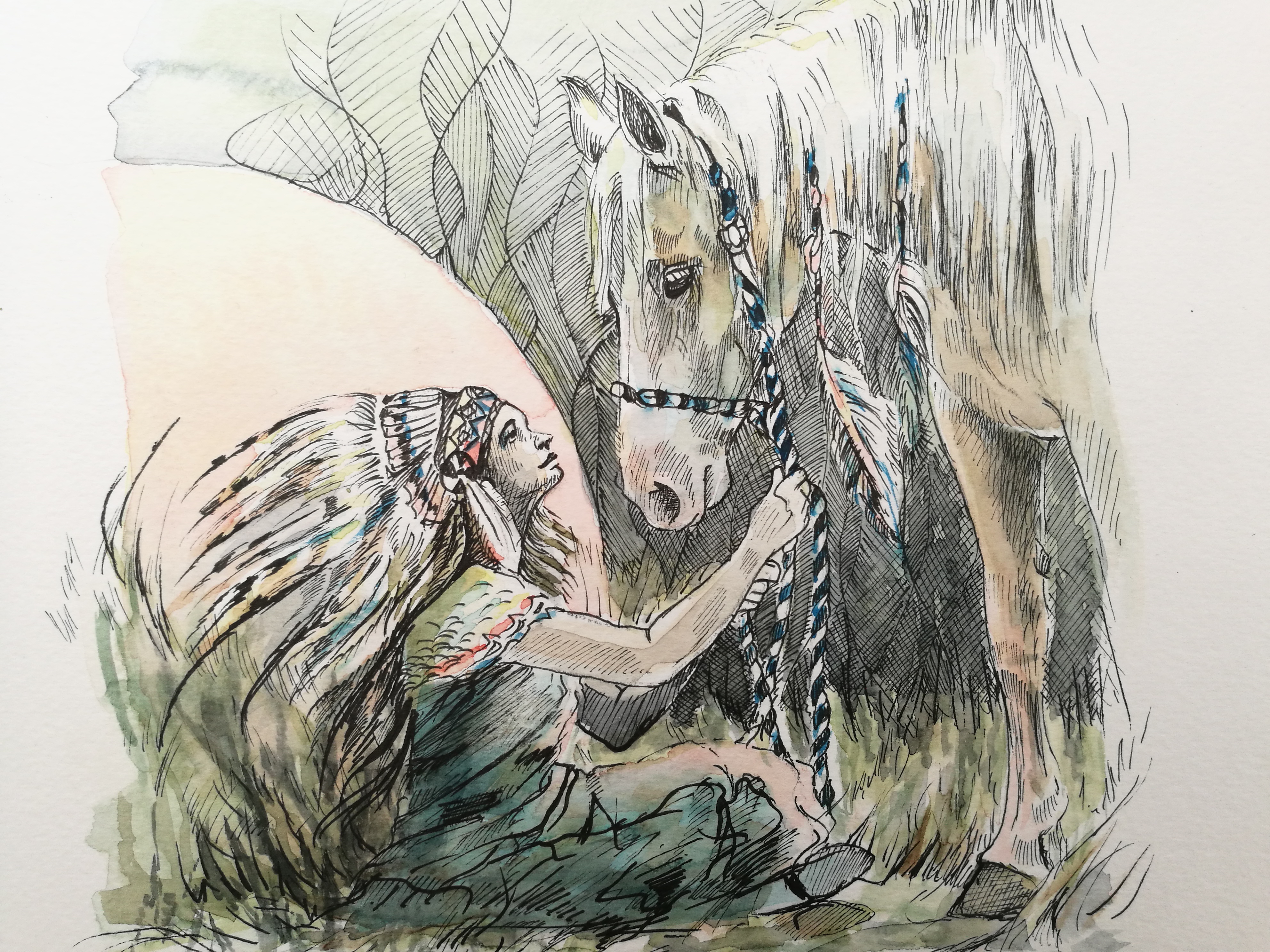 Indian girl and horse in watercolor