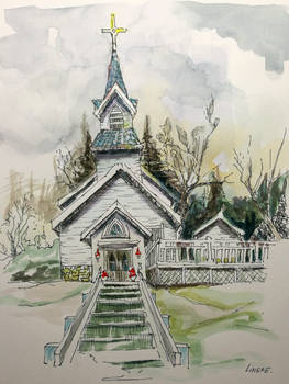 White Church in watercolor and ink