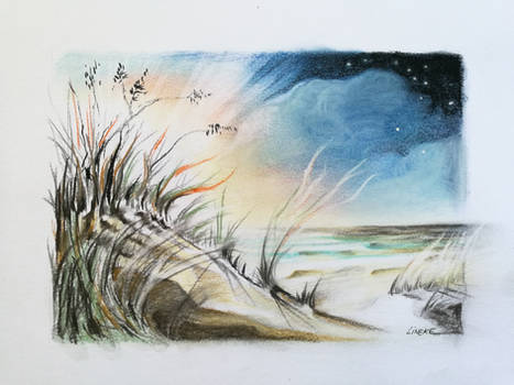 Dunes and sunset at the sea in pastel pencil