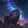 Default A vast epic landscape where a colossal cre