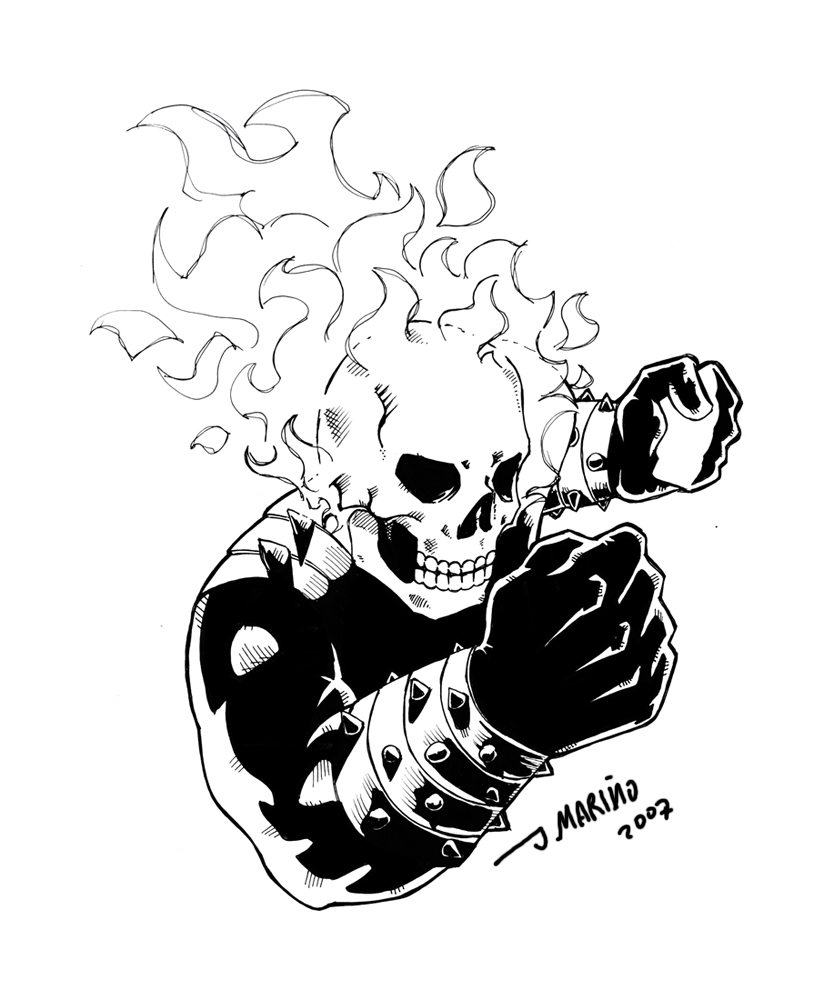 Ghost Rider black and white drawing - Motoqueiro Fantasma preto e