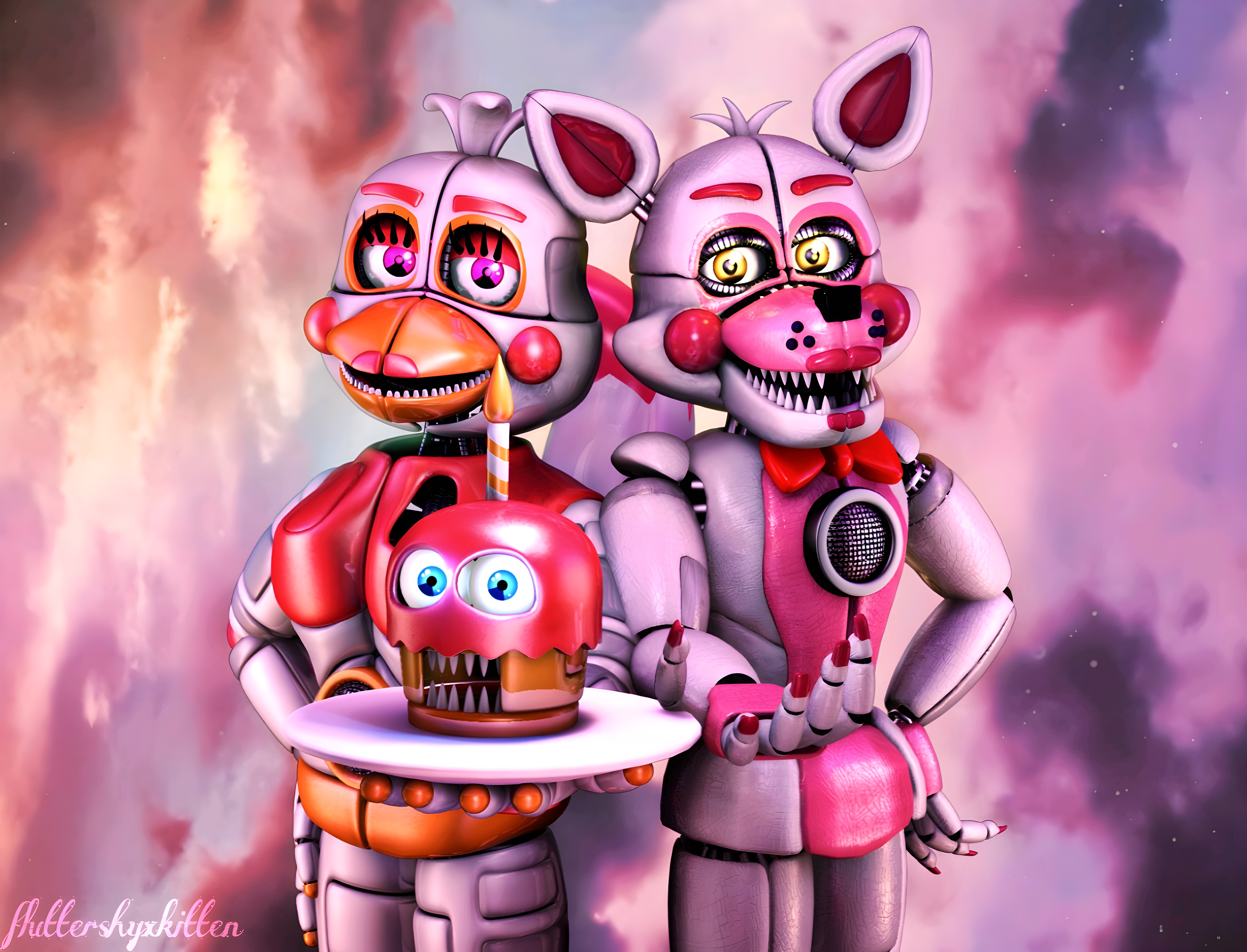 C4D) Stylized Funtime Foxy and Funtime Chica UCN by springSoffia