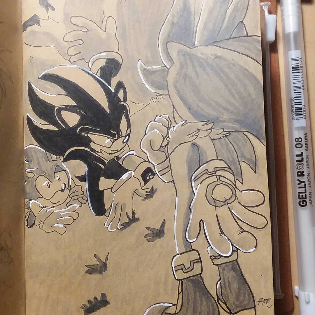 sonic the hedgehog, shadow the hedgehog, and silver the hedgehog (sonic)  drawn by evan_stanley