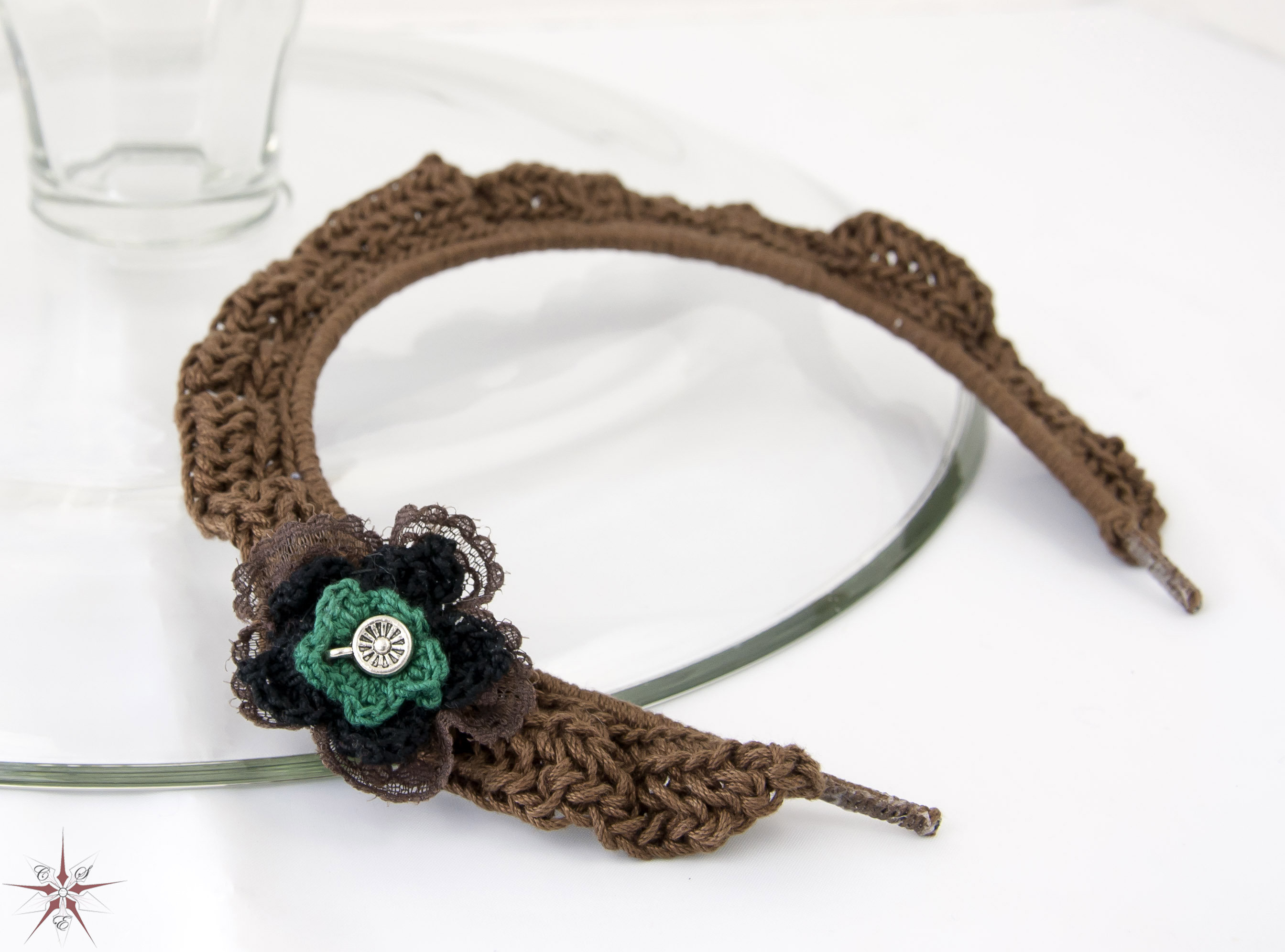 Crochet Headband with Removeable Pin - Brown