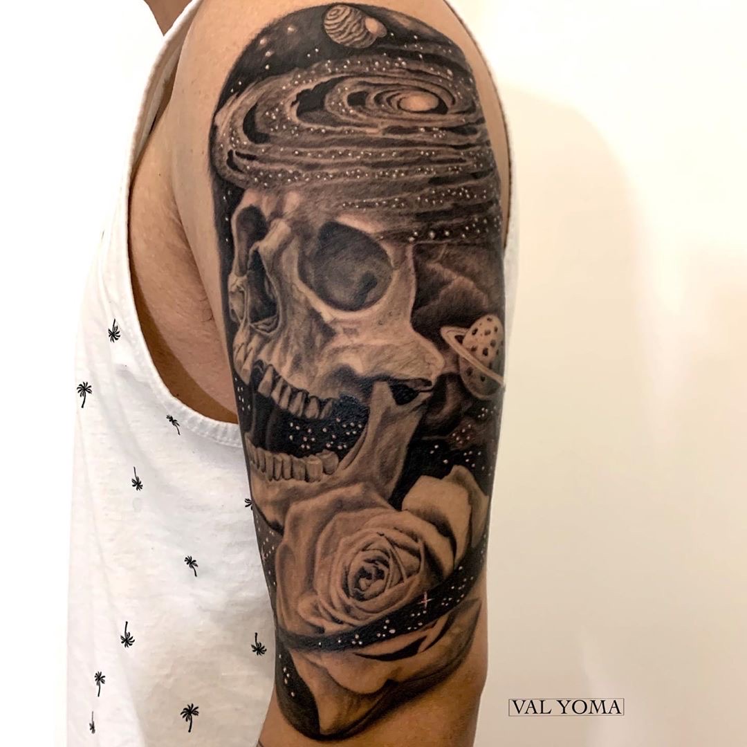 Black and grey skull tattoo in space done by val by Sohotattoo on DeviantArt