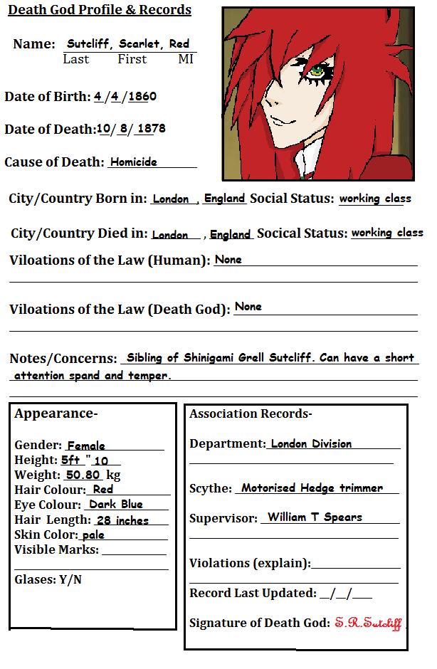 Scarlet Sutcliff Death God Profile and Records