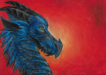 Original Oil Pastel Drawing: Dark Blue Dragon