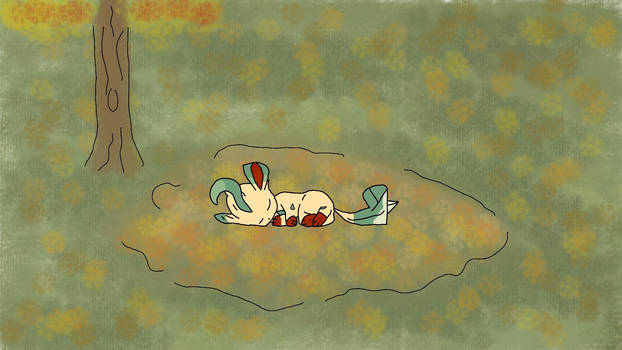Leafeon sleeping in a pile of leaves.