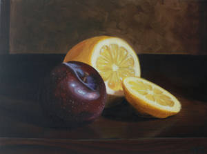Still life plum and lemon