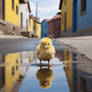 duckling in a puddle water colorful street
