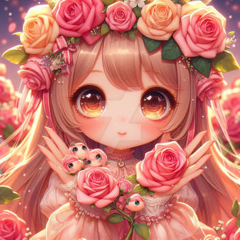 kawaii girl with rose bouquet flowers