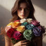 girl with rainbow roses bouquet soft portrait